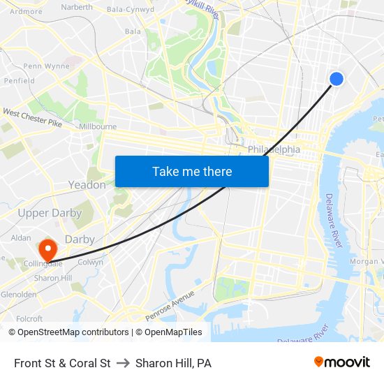 Front St & Coral St to Sharon Hill, PA map