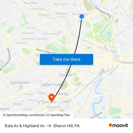 Bala Av & Highland Av to Sharon Hill, PA map