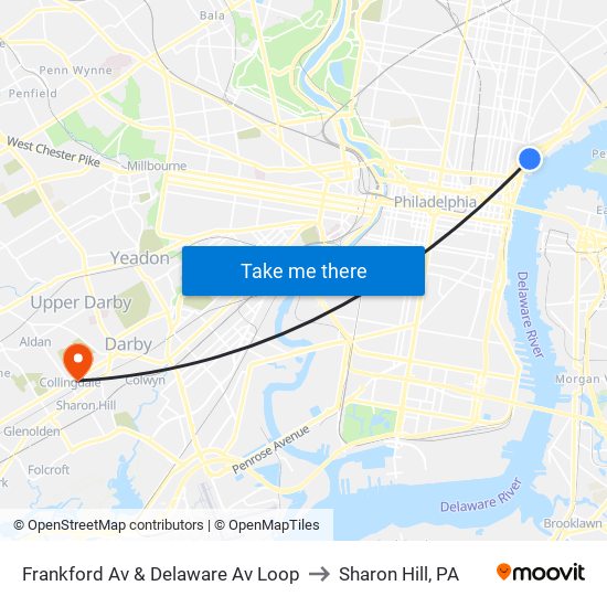 Frankford Av & Delaware Av Loop to Sharon Hill, PA map