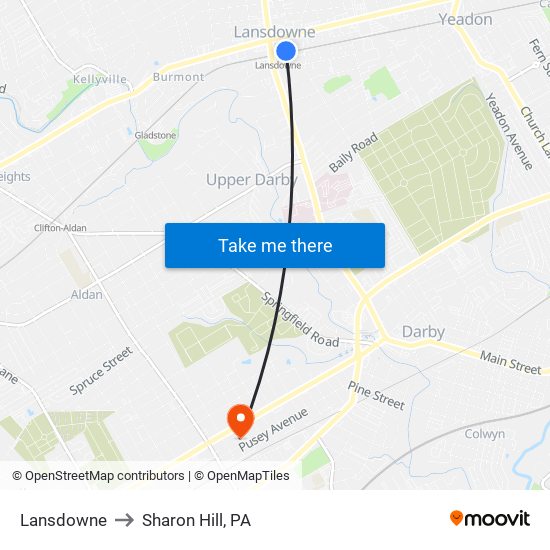 Lansdowne to Sharon Hill, PA map