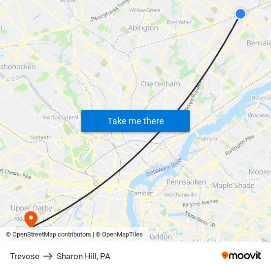 Trevose to Sharon Hill, PA map