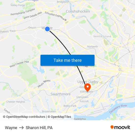 Wayne to Sharon Hill, PA map