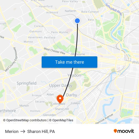 Merion to Sharon Hill, PA map