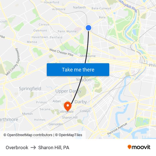 Overbrook to Sharon Hill, PA map