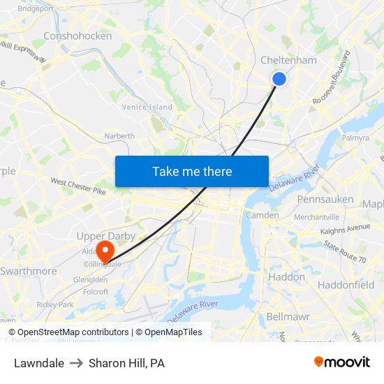 Lawndale to Sharon Hill, PA map