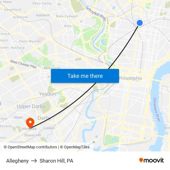 Allegheny to Sharon Hill, PA map