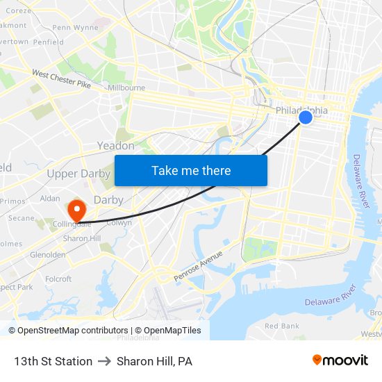 13th St Station to Sharon Hill, PA map