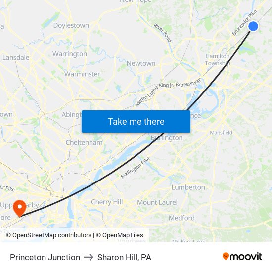 Princeton Junction to Sharon Hill, PA map