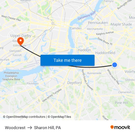 Woodcrest to Sharon Hill, PA map