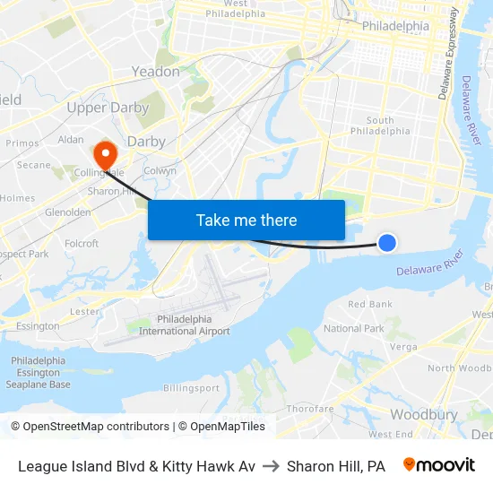 League Island Blvd & Kitty Hawk Av to Sharon Hill, PA map