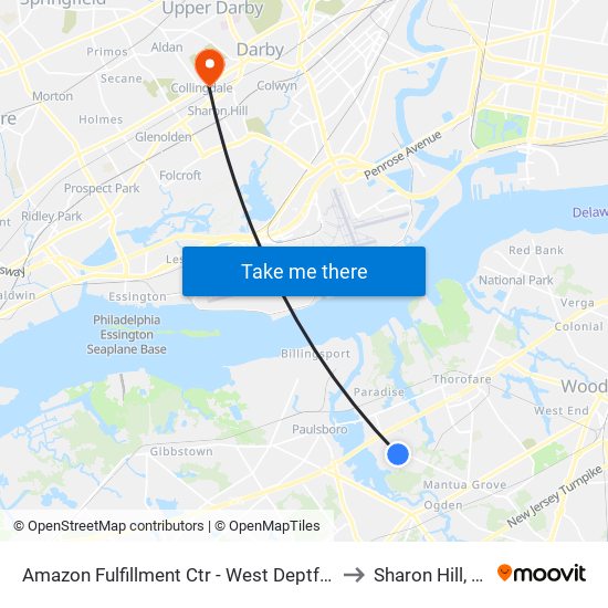 Amazon Fulfillment Ctr - West Deptford to Sharon Hill, PA map