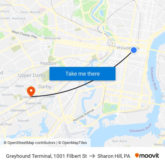 Greyhound Terminal, 1001 Filbert St to Sharon Hill, PA map