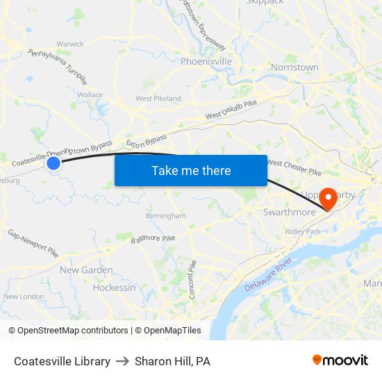 Coatesville Library to Sharon Hill, PA map
