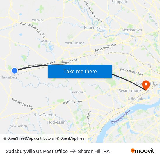 Sadsburyville  Us Post Office to Sharon Hill, PA map