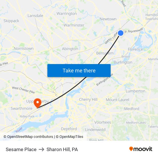 Sesame Place to Sharon Hill, PA map