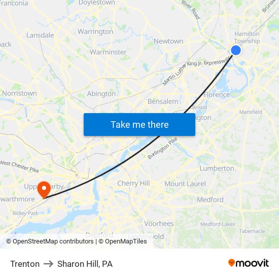 Trenton to Sharon Hill, PA map