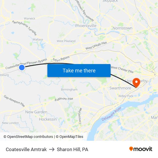 Coatesville Amtrak to Sharon Hill, PA map