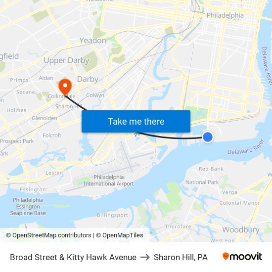 Broad Street & Kitty Hawk Avenue to Sharon Hill, PA map