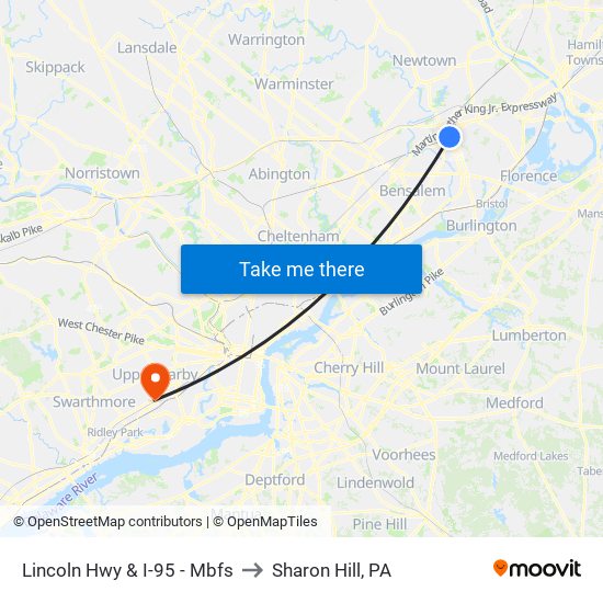 Lincoln Hwy & I-95 - Mbfs to Sharon Hill, PA map