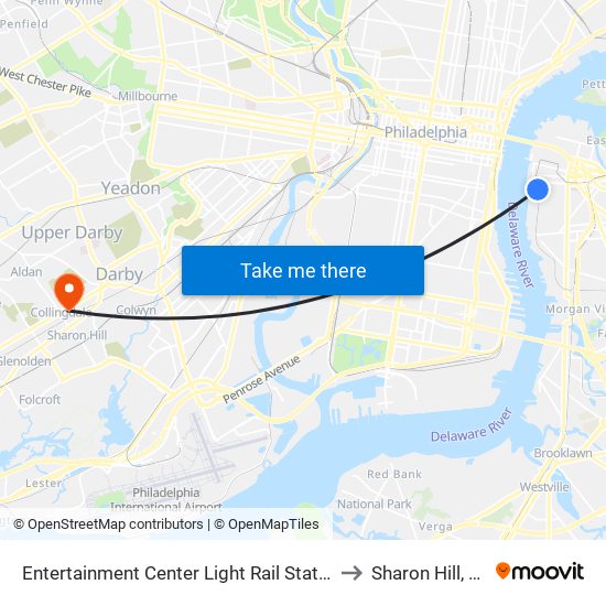 Entertainment Center Light Rail Station to Sharon Hill, PA map