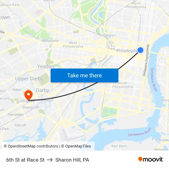 6th St at Race St to Sharon Hill, PA map
