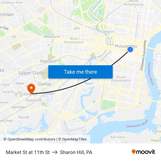 Market St at 11th St to Sharon Hill, PA map
