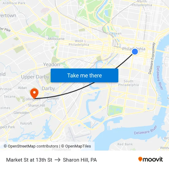 Market St at 13th St to Sharon Hill, PA map