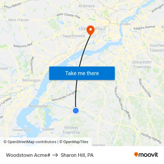 Woodstown Acme# to Sharon Hill, PA map