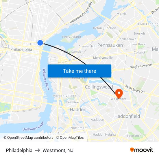Philadelphia to Westmont, NJ map