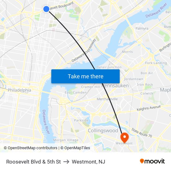 Roosevelt Blvd & 5th St to Westmont, NJ map