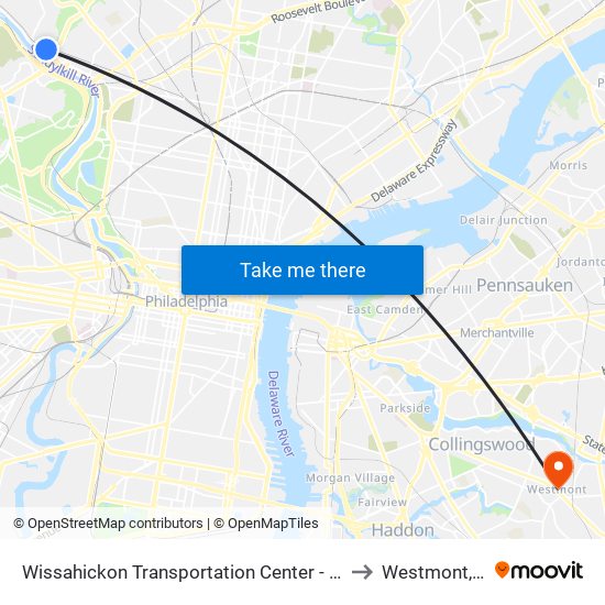 Wissahickon Transit Center to Westmont, NJ map