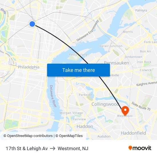 17th St & Lehigh Av to Westmont, NJ map