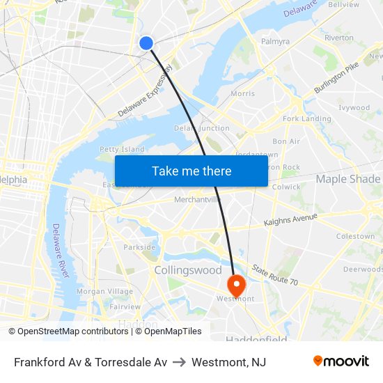 Frankford Av & Torresdale Av to Westmont, NJ map