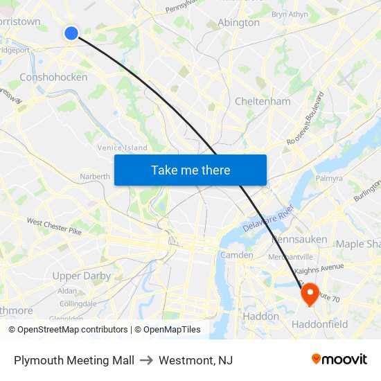 Plymouth Meeting Mall to Westmont, NJ map