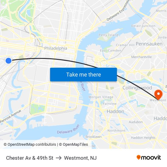 Chester Av & 49th St to Westmont, NJ map