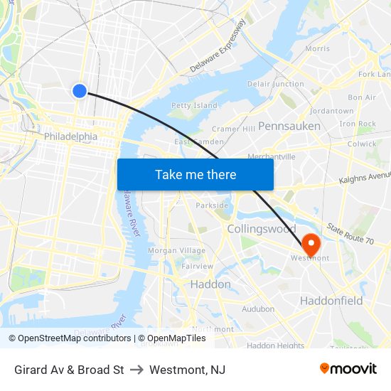 Girard Av & Broad St to Westmont, NJ map