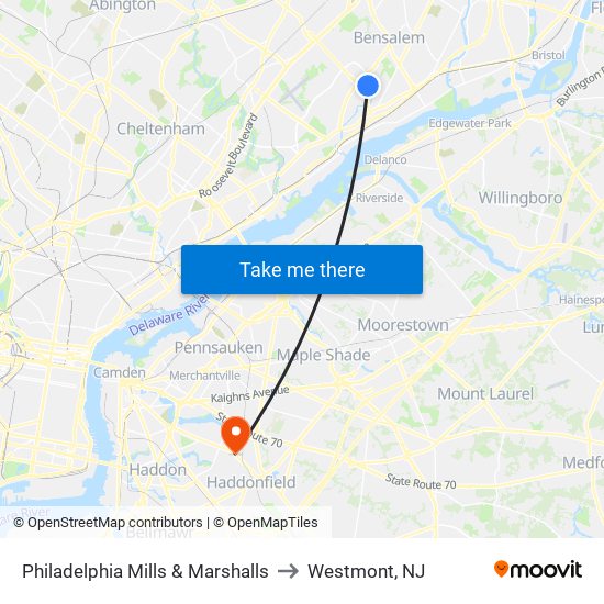 Philadelphia Mills & Marshalls to Westmont, NJ map