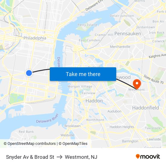 Snyder Av & Broad St to Westmont, NJ map
