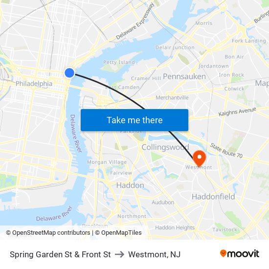 Spring Garden St & Front St to Westmont, NJ map