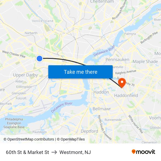60th St & Market St to Westmont, NJ map