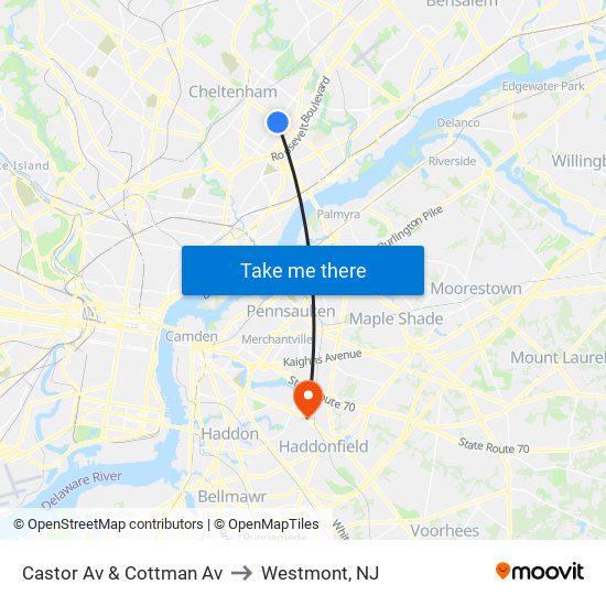 Castor Av & Cottman Av to Westmont, NJ map