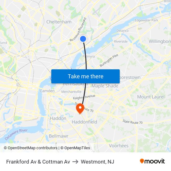 Frankford Av & Cottman Av to Westmont, NJ map