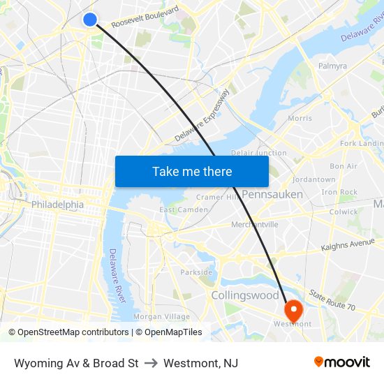 Wyoming Av & Broad St to Westmont, NJ map