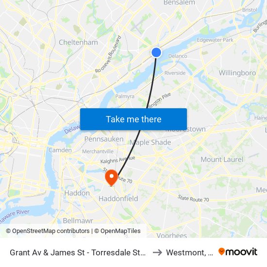 Grant Av & James St - Torresdale Station to Westmont, NJ map