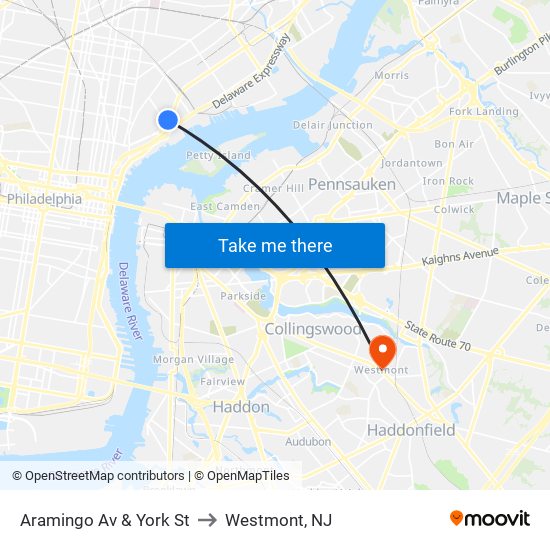 Aramingo Av & York St to Westmont, NJ map