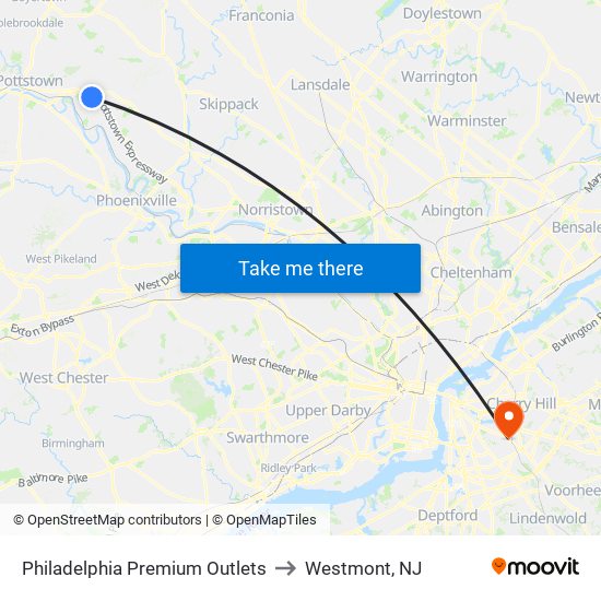Philadelphia Premium Outlets to Westmont, NJ map