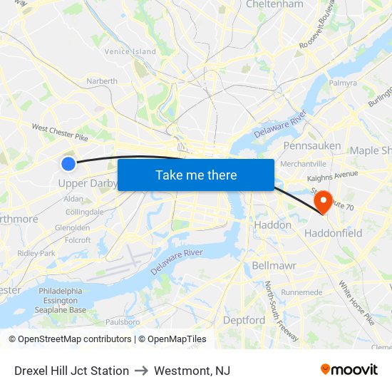 Drexel Hill Jct Station to Westmont, NJ map