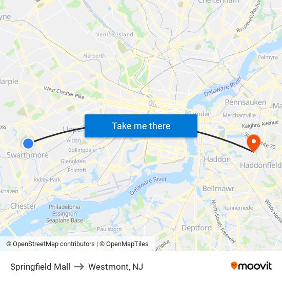 Springfield Mall to Westmont, NJ map