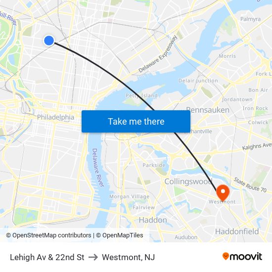 Lehigh Av & 22nd St to Westmont, NJ map