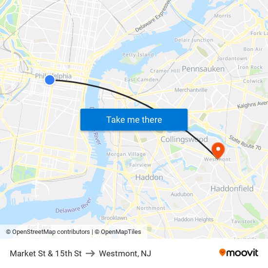 Market St & 15th St to Westmont, NJ map